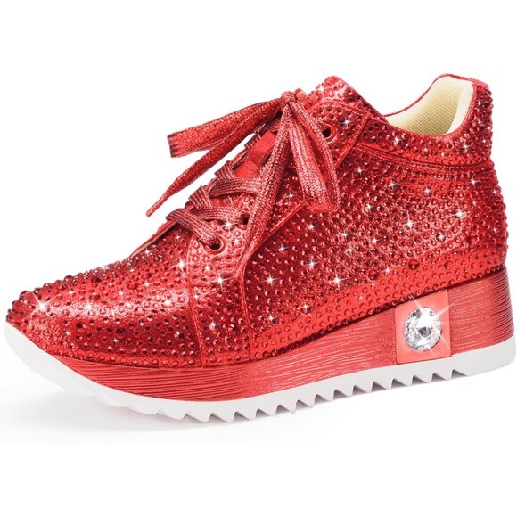 ⚡Women's Red Fashion Glitter Sneaker Platform Wedge Shoes Sparkly Rhinestone